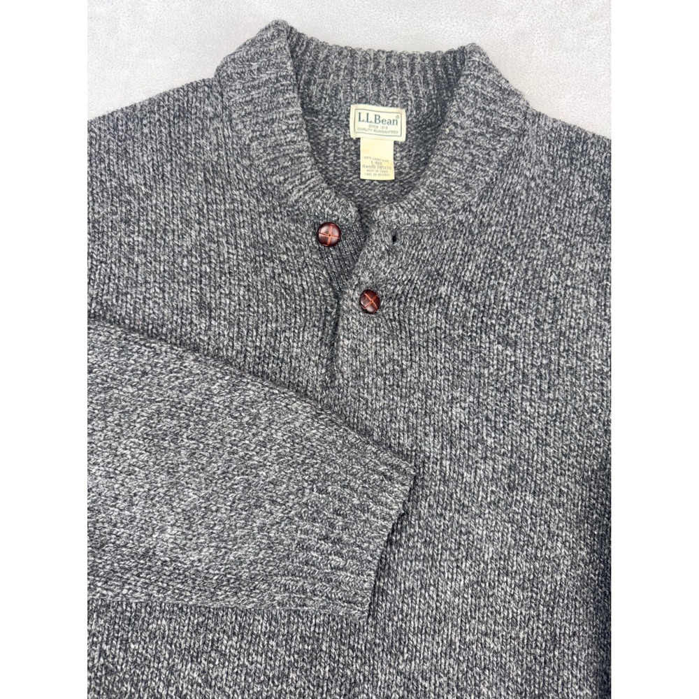 LL Bean Mens Large Gray Lambswool Henley Sweater Mock Neck Button Pullover LG